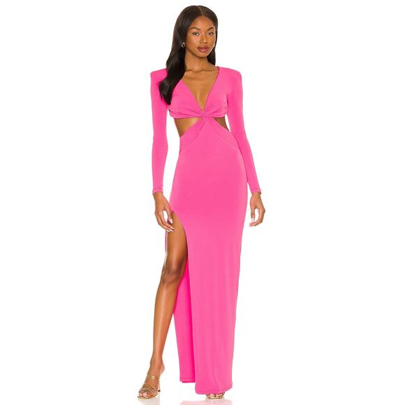 Nookie Jewel Maxi Gown Twist Front Cut-Out Side Slit Long Sleeve Neon Pink Small - Picture 2 of 14